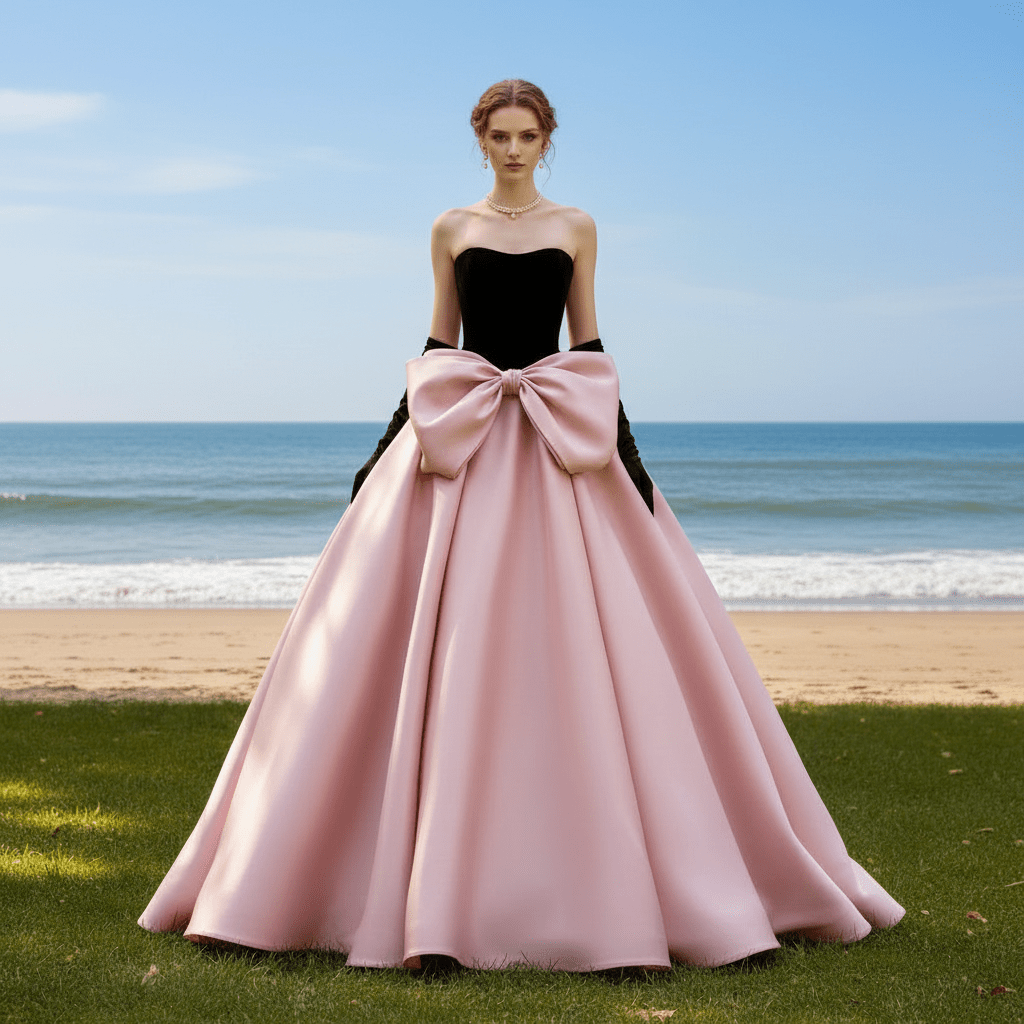 Strapless Black and Pink Wedding Dress with Bowknot Custom Color / 10