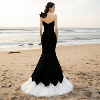 Strapless Black and White Trumpet Velvet Wedding Dress - Rosymae