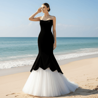 Strapless Black and White Trumpet Velvet Wedding Dress - Rosymae
