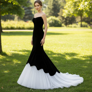 Strapless Black and White Trumpet Velvet Wedding Dress - Rosymae