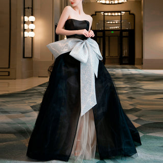 Strapless A-line Black Wedding Dress with Bowknot Waistline