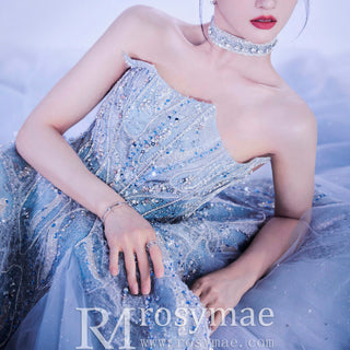 Asymmetrical Neck Blue Wedding Dress with Sparkle Crystals