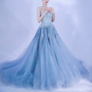 Asymmetrical Neck Blue Wedding Dress with Sparkle Crystals