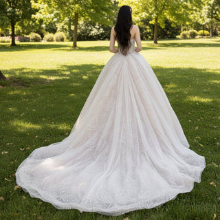 Strapless Boat Neck Sparkly Wedding Dress with Puffy Skirt - Rosymae