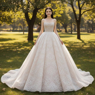 Strapless Boat Neck Sparkly Wedding Dress with Puffy Skirt - Rosymae