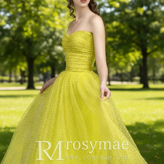 Strapless Boat Neckline Dot Tulle Party Evening Dress Formal Gown - Rosymae