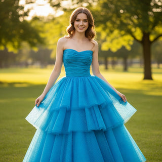 Strapless Boat Neckline Dot Tulle Party Evening Dress Formal Gown - Rosymae