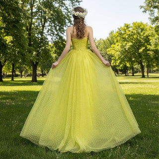 Strapless Boat Neckline Dot Tulle Party Evening Dress Formal Gown - Rosymae