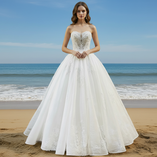 Traditional Strapless Lace Floor Length Bridal Wedding Gowns