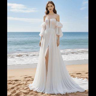 Strapless Chiffon Detachable Sleeve Wedding Dress with High Leg Slit - Rosymae
