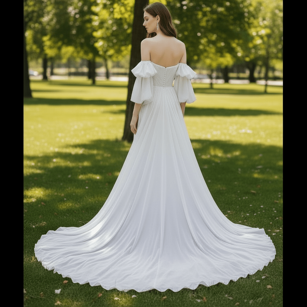 Strapless Chiffon Detachable Sleeve Wedding Dress with High Leg Slit - Rosymae