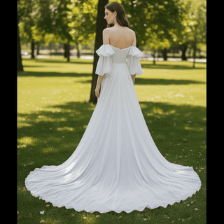 Strapless Chiffon Detachable Sleeve Wedding Dress with High Leg Slit - Rosymae