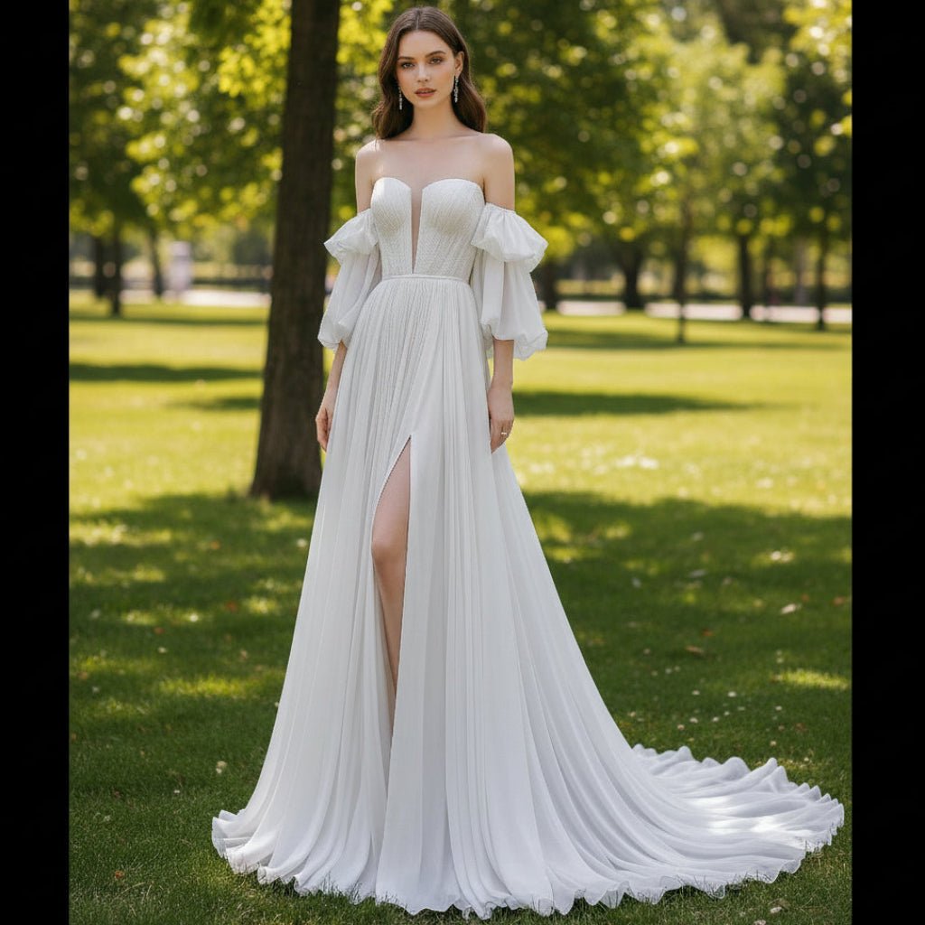 Strapless Chiffon Detachable Sleeve Wedding Dress with High Leg Slit - Rosymae