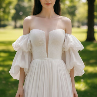Strapless Chiffon Detachable Sleeve Wedding Dress with High Leg Slit - Rosymae