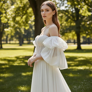Strapless Chiffon Detachable Sleeve Wedding Dress with High Leg Slit - Rosymae