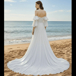 Strapless Chiffon Detachable Sleeve Wedding Dress with High Leg Slit - Rosymae