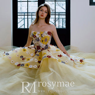 Ball Gown Yellow Wedding Dress with Colored Flowers