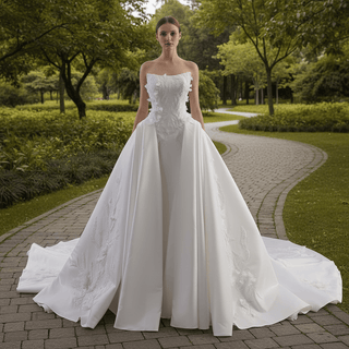Strapless Corset-Back Satin Wedding Dress with Hand-Applied Lace Flowers Royal Train - Rosymae