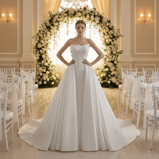 Strapless Corset-Back Satin Wedding Dress with Hand-Applied Lace Flowers Royal Train - Rosymae