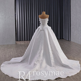 Strapless Corset-Back Satin Wedding Dress with Hand-Applied Lace Flowers Royal Train - Rosymae