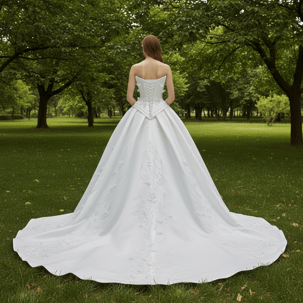 Strapless Corset-Back Satin Wedding Dress with Hand-Applied Lace Flowers Royal Train