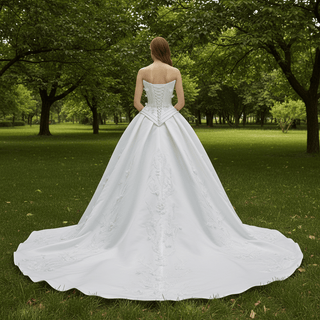 Strapless Corset-Back Satin Wedding Dress with Hand-Applied Lace Flowers Royal Train - Rosymae