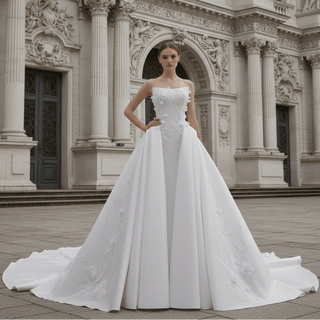 Strapless Corset-Back Satin Wedding Dress with Hand-Applied Lace Flowers Royal Train - Rosymae