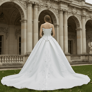 Strapless Corset-Back Satin Wedding Dress with Hand-Applied Lace Flowers Royal Train - Rosymae