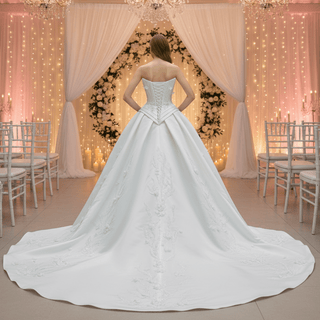 Strapless Corset-Back Satin Wedding Dress with Hand-Applied Lace Flowers Royal Train - Rosymae