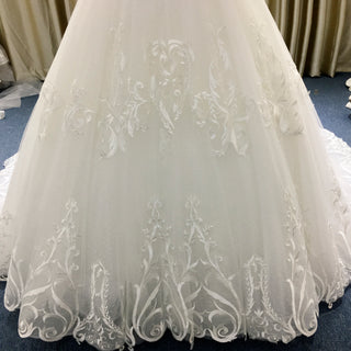Elegant Floral Lace Ball Gown Wedding Dress with Curved Neckline
