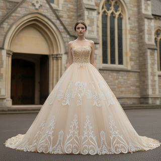 Champagne Wedding Dress with Floral Lace