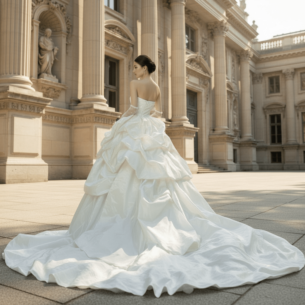 Strapless Curve Neck Ruffle Taffeta Ballgown Bridal Wedding Dress - Rosymae