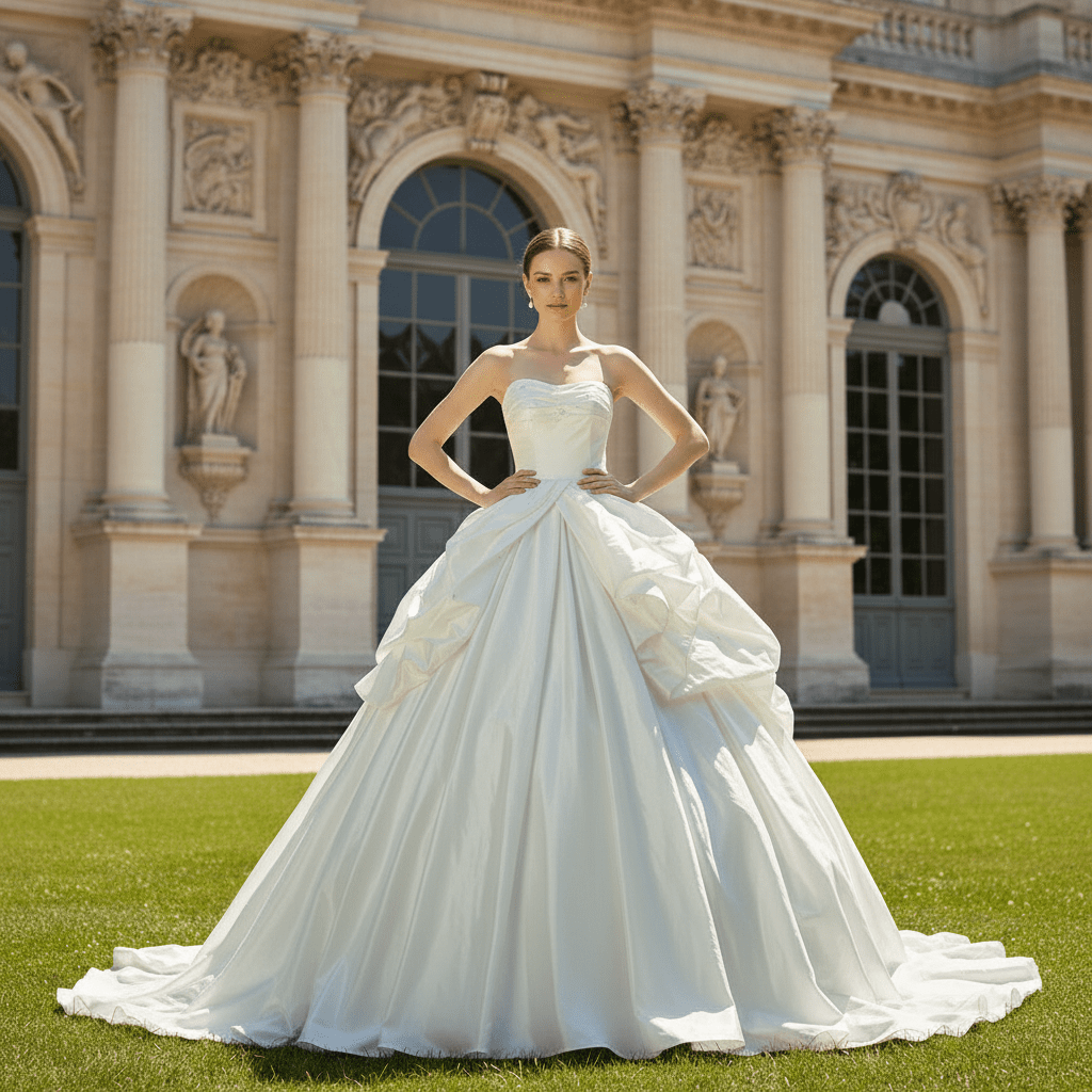 Strapless Curve Neck Ruffle Taffeta Ballgown Bridal Wedding Dress - Rosymae