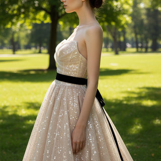 Strapless Deep Champagne Evening Dress with Sweetheart Neck - Rosymae