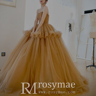 Deep Champagne Tulle Evening Dress Party Gown with Puffy Skirt