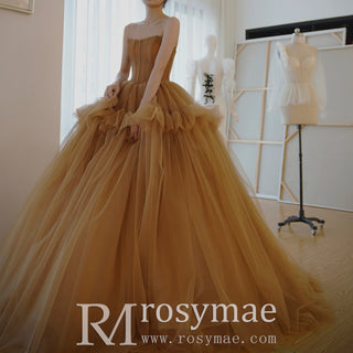 Deep Champagne Tulle Evening Dress Party Gown with Puffy Skirt