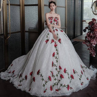 Colourful Embroidery Floral Rose Wedding Dress Quinceanera Party Gown