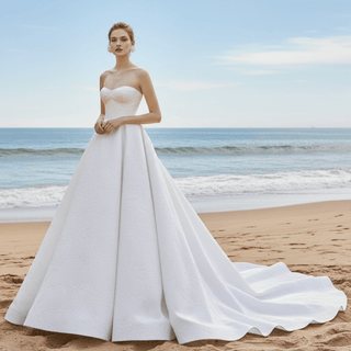 Strapless Embroidery Jacquard Wedding Dress with Long Train - Rosymae