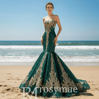 Strapless Emerald Green Mermaid Prom Dresses with Sleeves - Rosymae