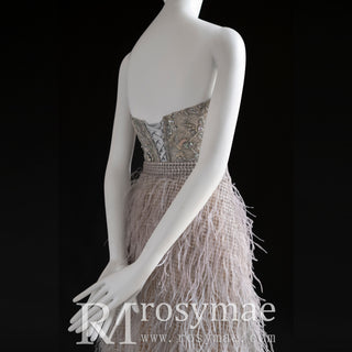 Strapless Luxury Evening Gowns Party Dresses with Feather