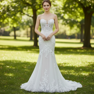 Strapless Lace Trumpet Skirt Wedding Dresses with Sweetheart Neck