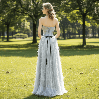 Strapless Formal Gown Evening Party Prom Dress with Feathers - Rosymae