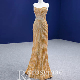 Strapless Gold Sheath Pearl Prom Dress with Boat Neckline - Rosymae