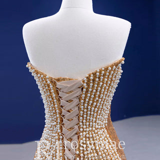 Strapless Gold Sheath Pearl Prom Dress with Boat Neckline - Rosymae