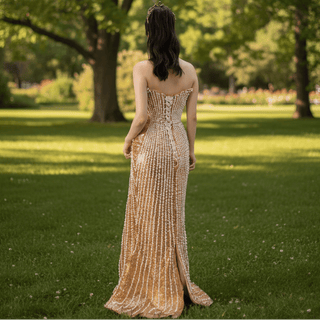 Strapless Gold Sheath Pearl Prom Dress with Boat Neckline - Rosymae