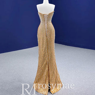 Strapless Gold Sheath Pearl Prom Dress with Boat Neckline - Rosymae