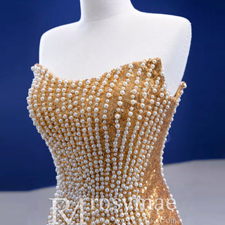 Strapless Gold Sheath Pearl Prom Dress with Boat Neckline - Rosymae