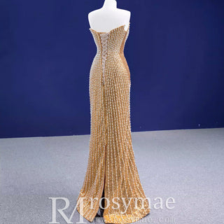 Strapless Gold Sheath Pearl Prom Dress with Boat Neckline - Rosymae