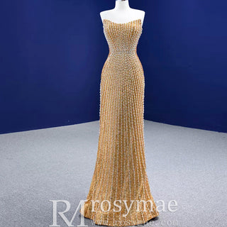 Strapless Gold Sheath Pearl Prom Dress with Boat Neckline - Rosymae