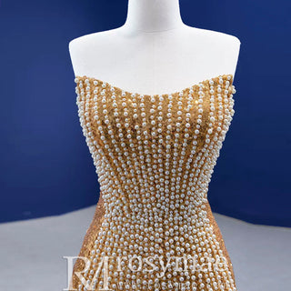 Strapless Gold Sheath Pearl Prom Dress with Boat Neckline - Rosymae